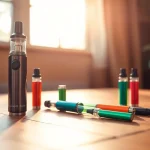 Showcase high-quality Cannabis Vape setup on a wooden table, highlighting a modern vaporizer and colorful cartridges.