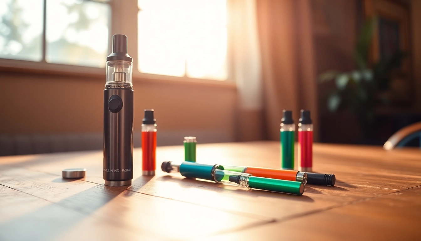 Showcase high-quality Cannabis Vape setup on a wooden table, highlighting a modern vaporizer and colorful cartridges.