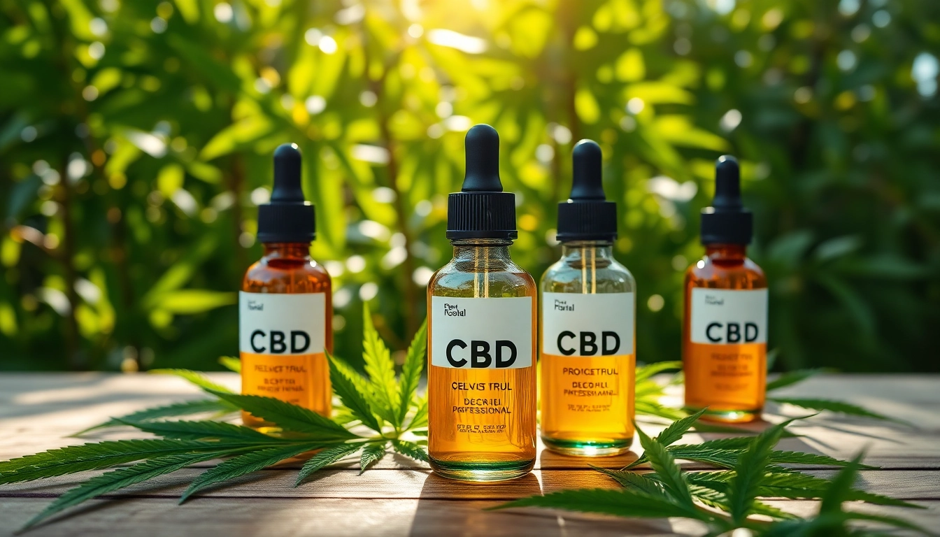 Showcase CBD Oil bottles on a wooden table surrounded by greenery, emphasizing natural wellness.