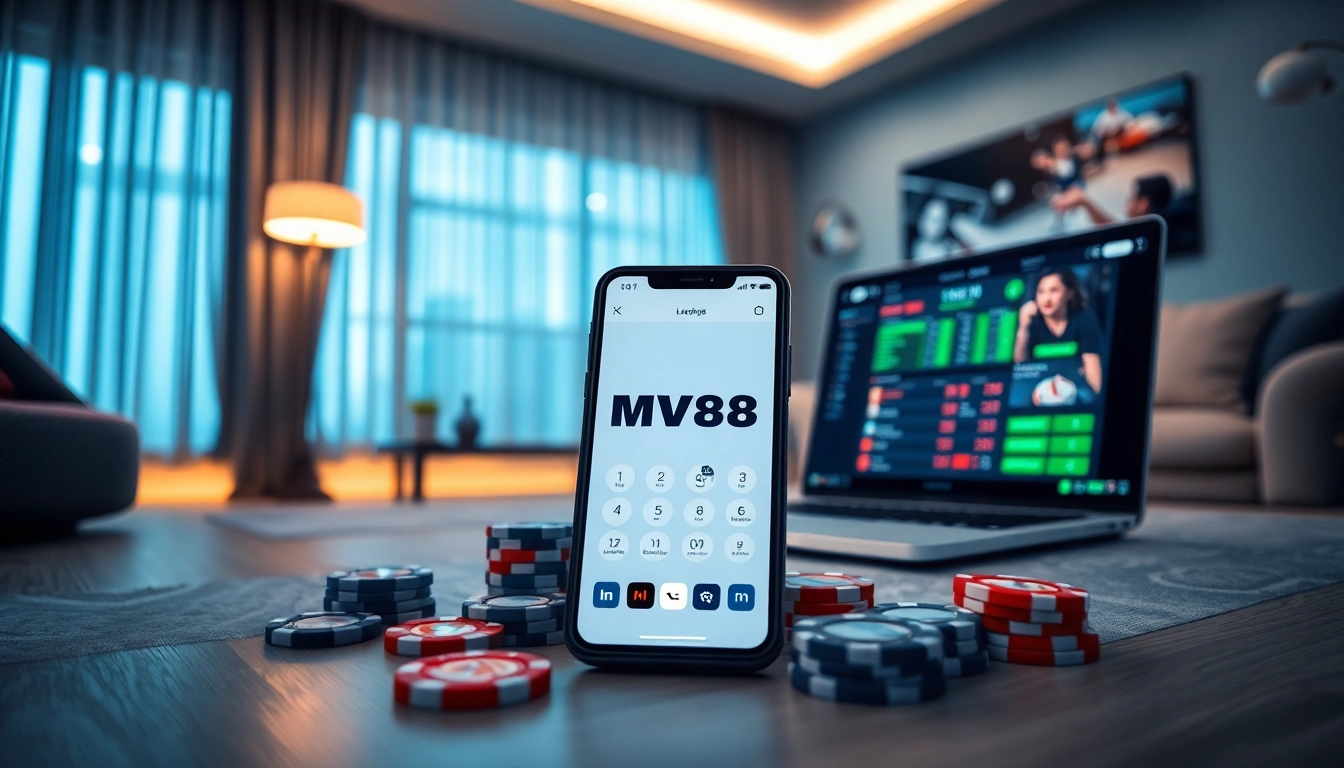 MV88 mobile app interface on smartphone, showcasing online betting features in a stylish living room setting.