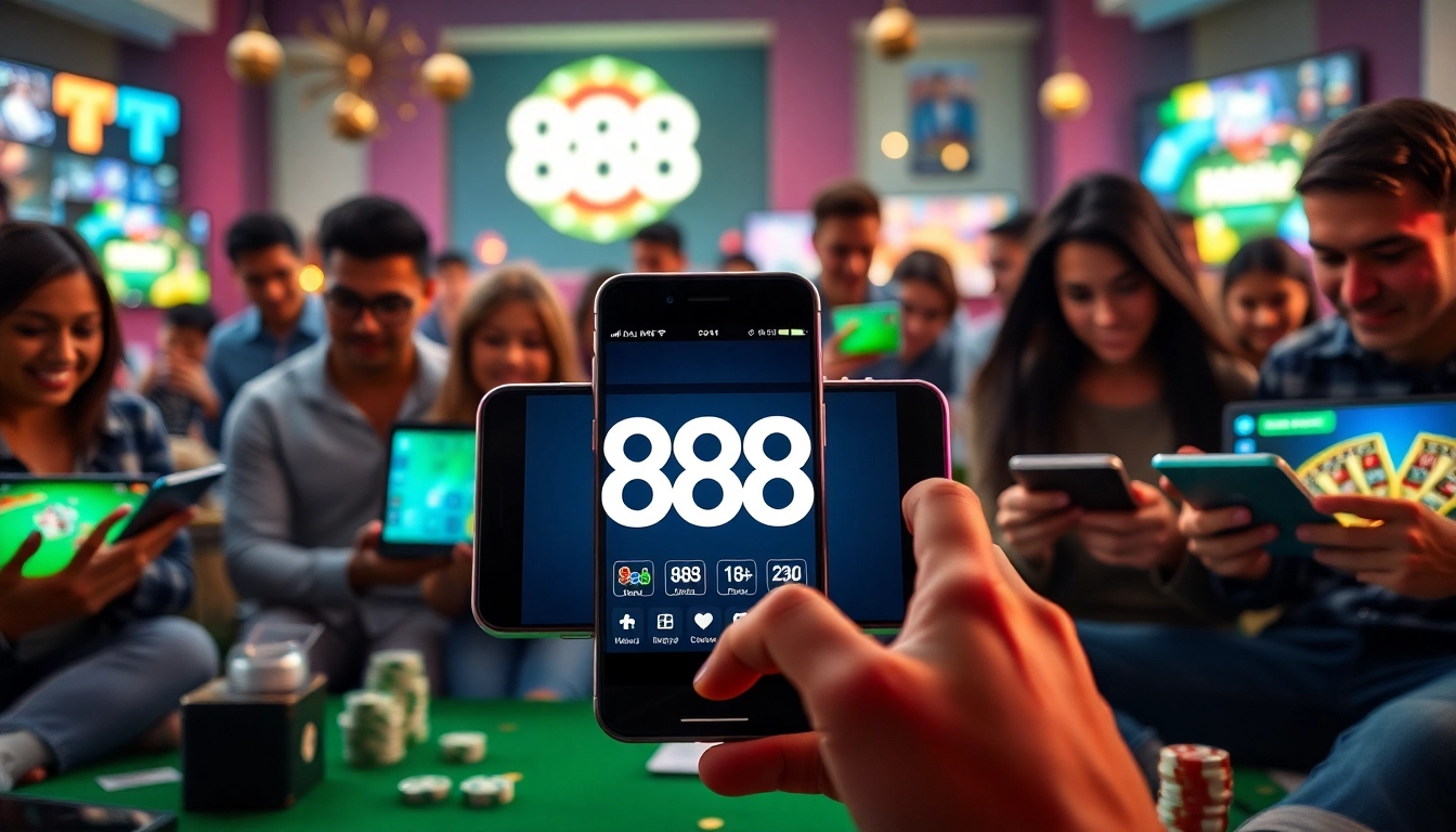 Exciting scene showcasing players engaged with 888new online gaming app, embodying trust and thrill.