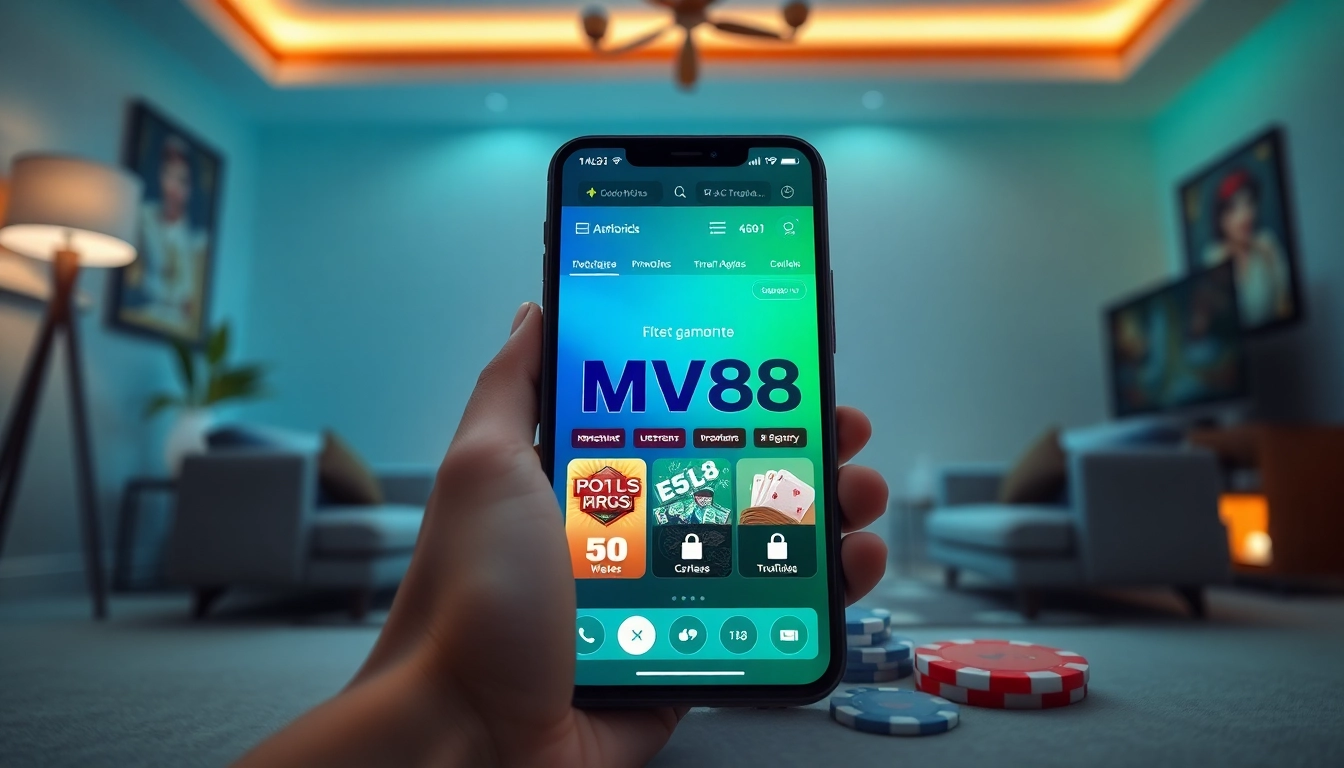 MV88 online gambling platform interface displayed on a smartphone showcasing secure features and promotions.