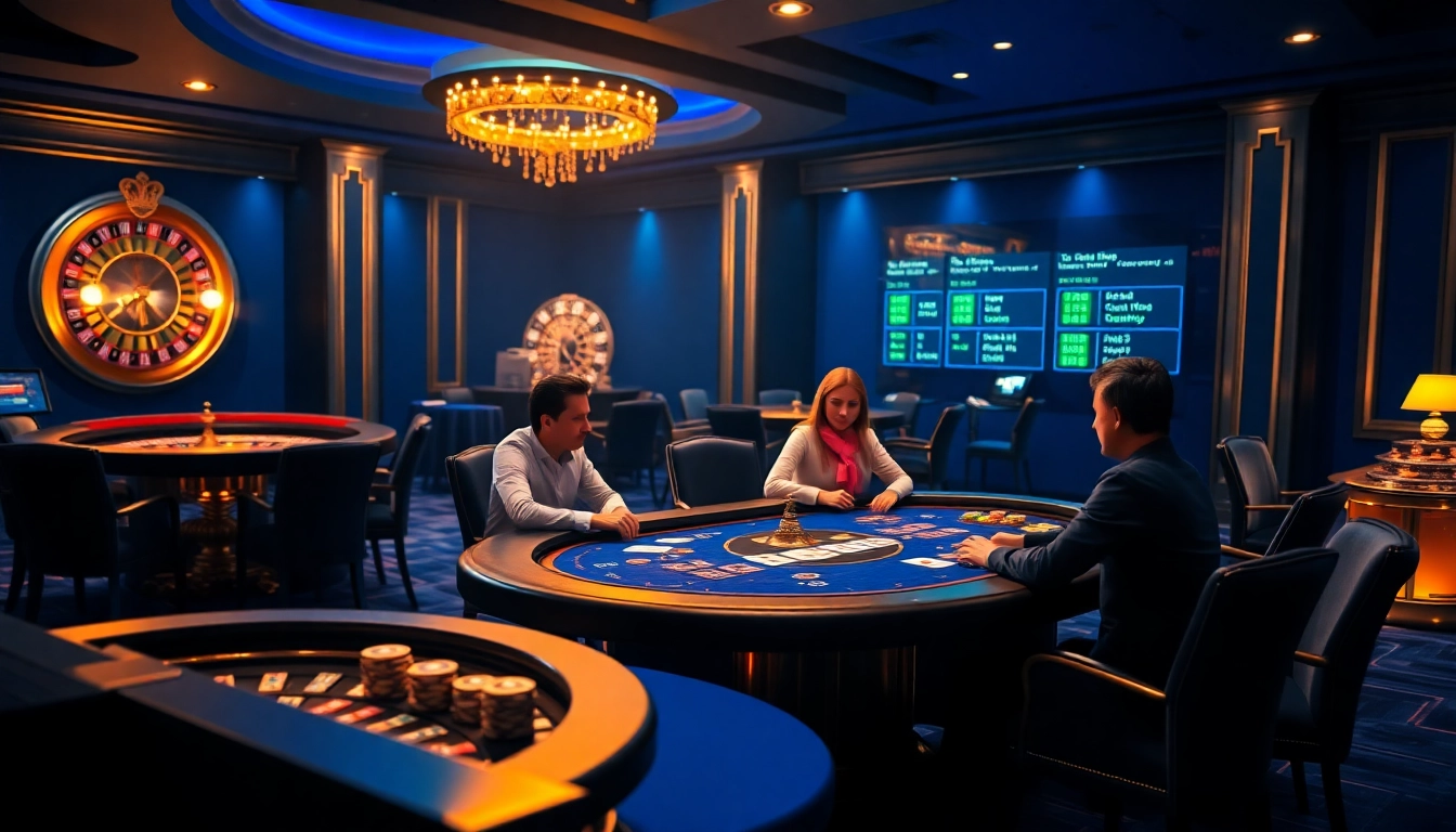 Betsson poker players strategizing at an elegant casino table with colorful chips and cards.