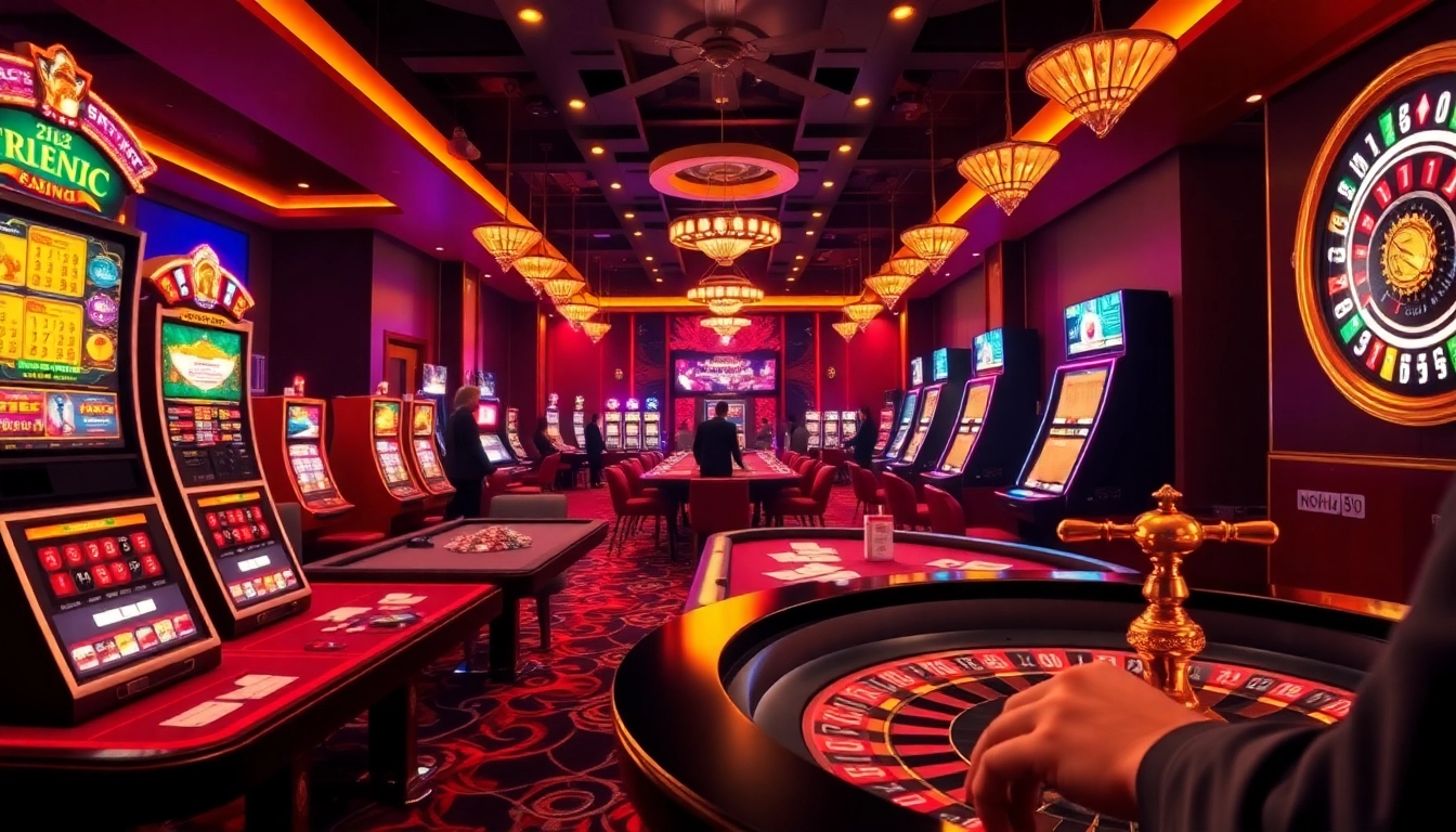 Nohu90 players enjoy a thrilling online casino experience with vibrant slot machines and poker tables.