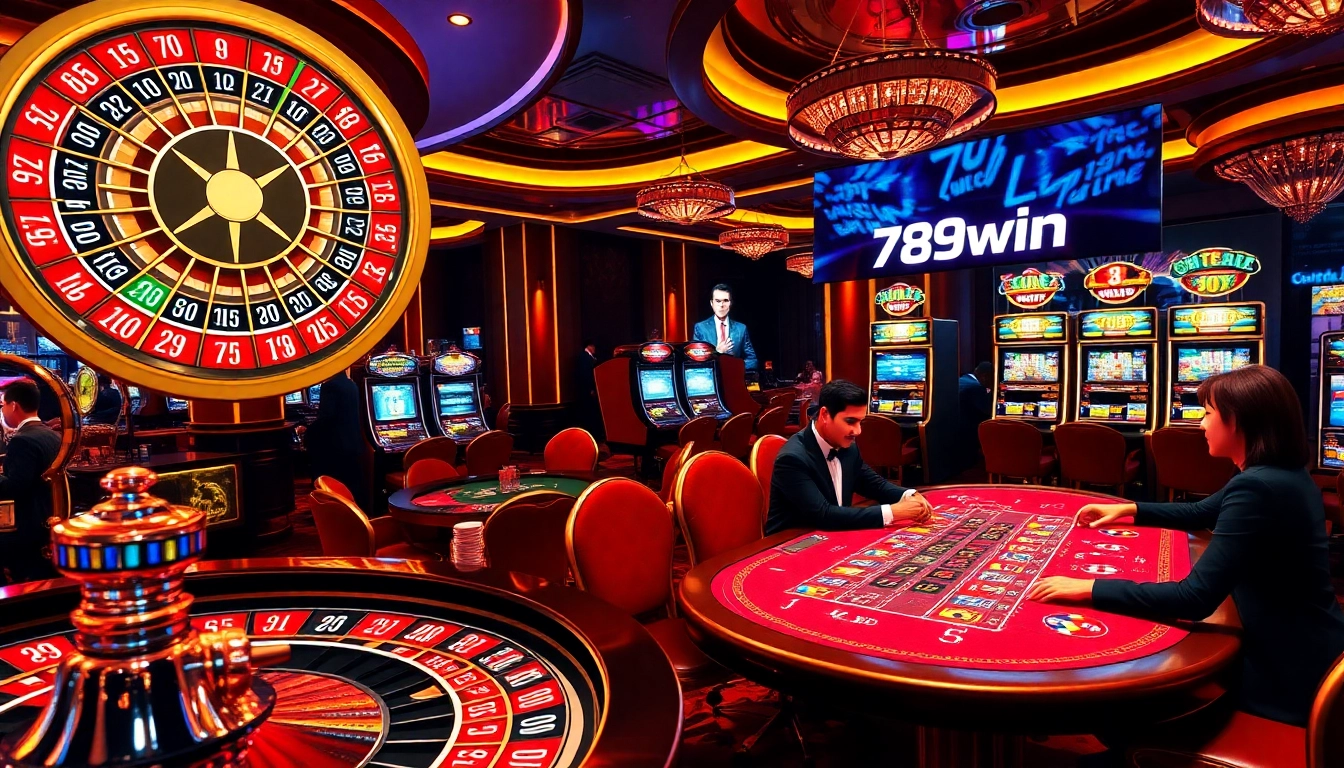 Action-packed gambling scene showcasing 789win's vibrant casino atmosphere with roulette wheel and poker gameplay.