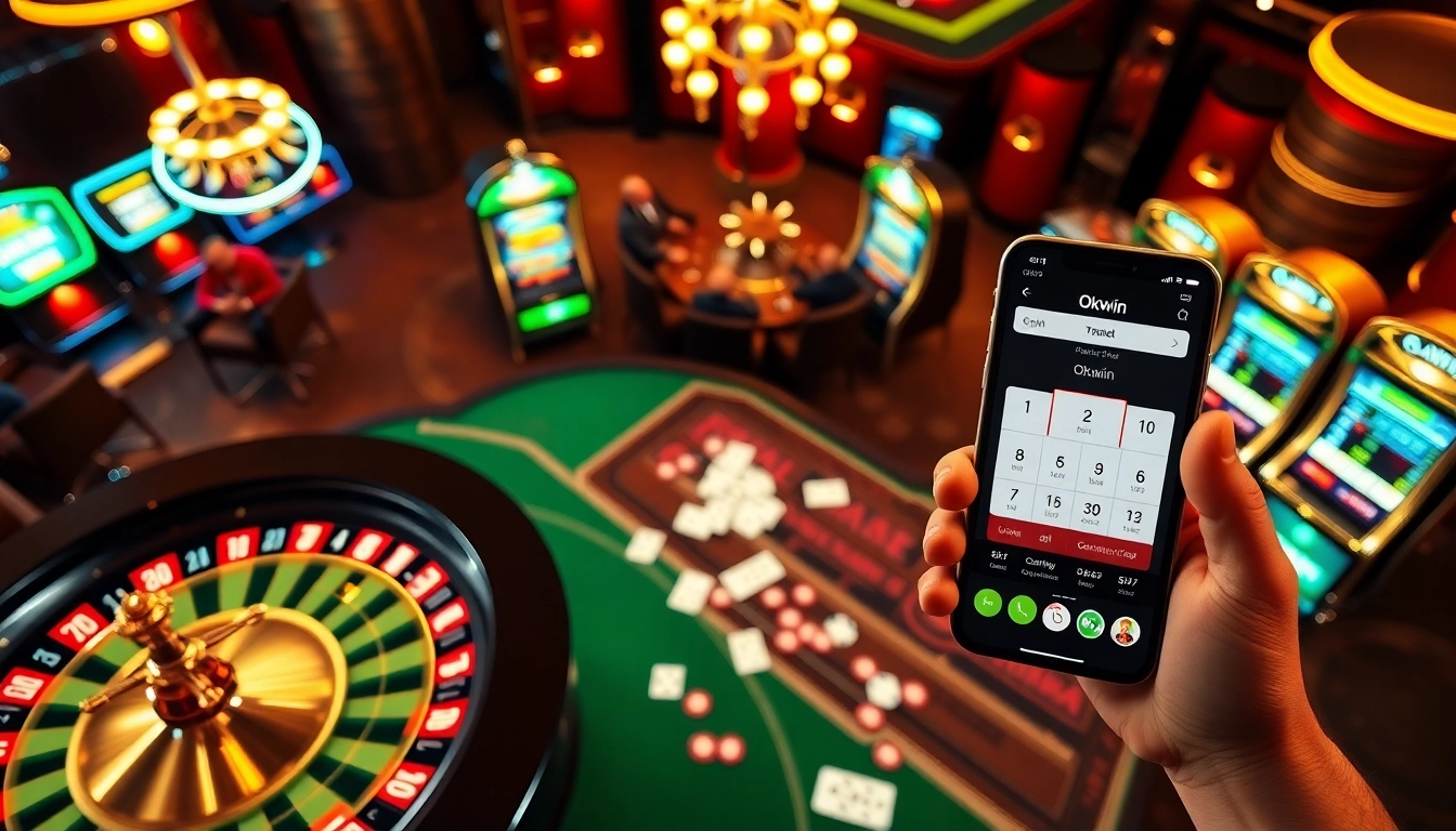 Action-packed casino scene featuring Okwin app alongside exciting slot machines and gambling tables.