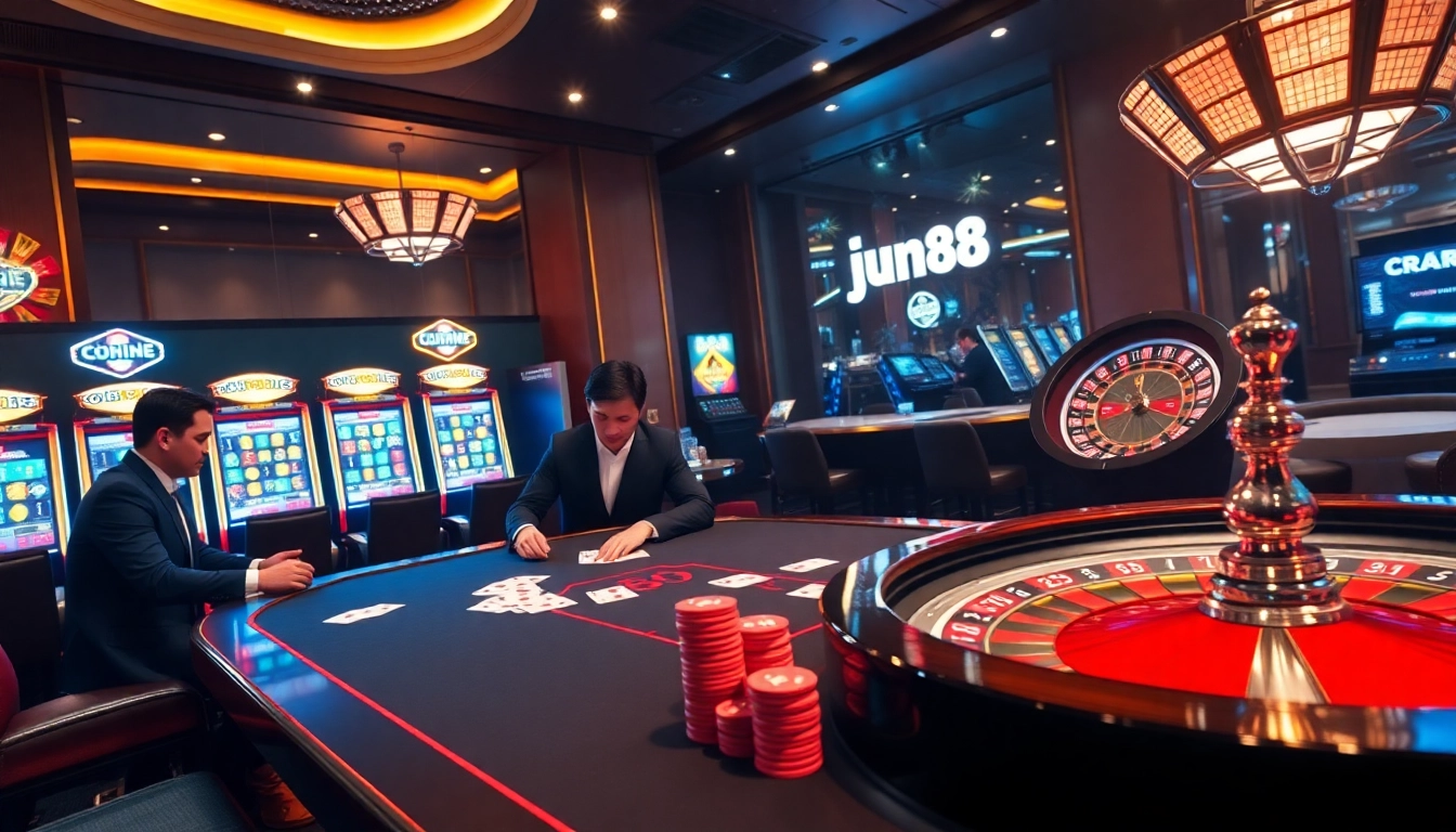 Experience an exciting game at Jun88's vibrant casino, showcasing poker tables and slot machines.