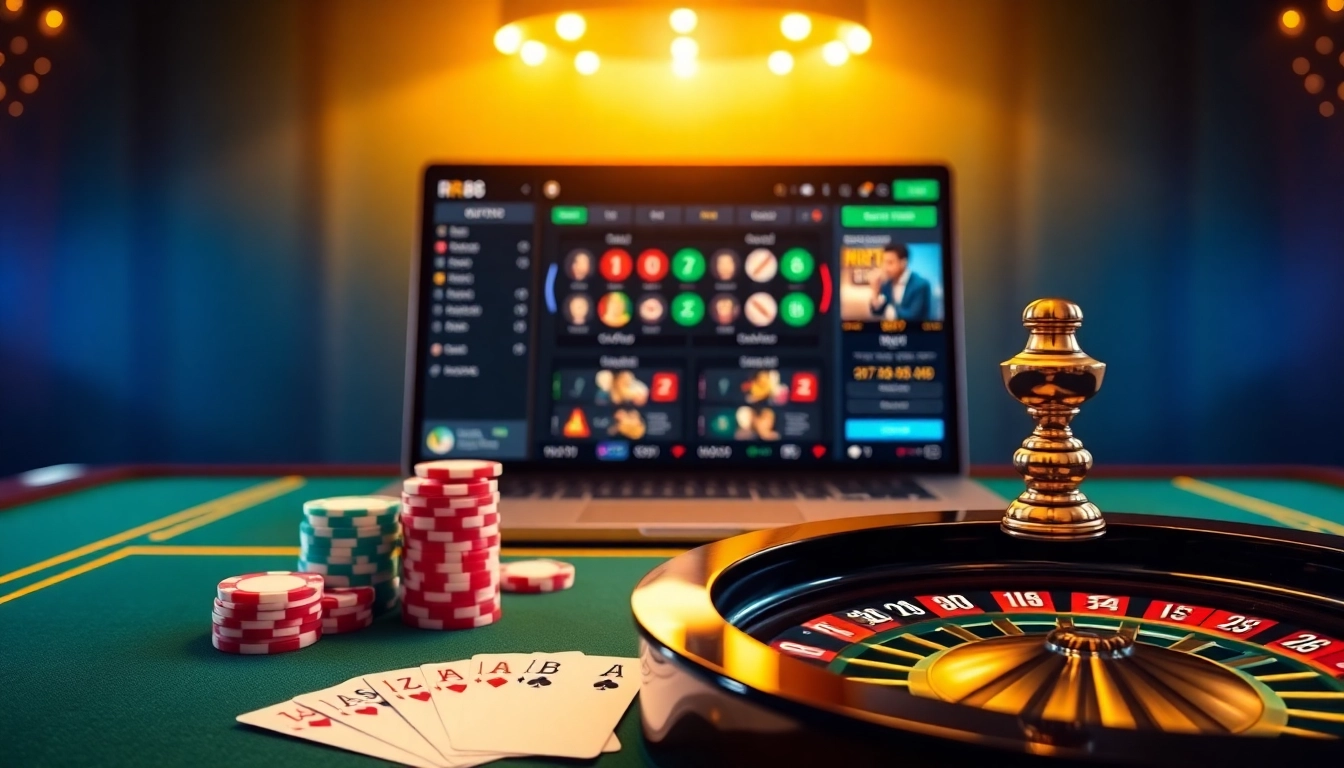 Experience the thrill of RR88 with a luxurious casino scene featuring a roulette wheel and betting chips.