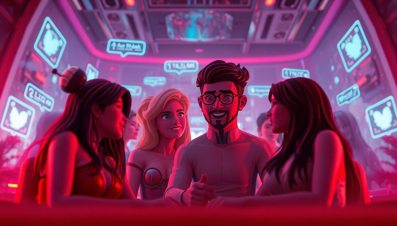Engaging avatars in a vibrant AI porn chat environment, showcasing intimate conversations.