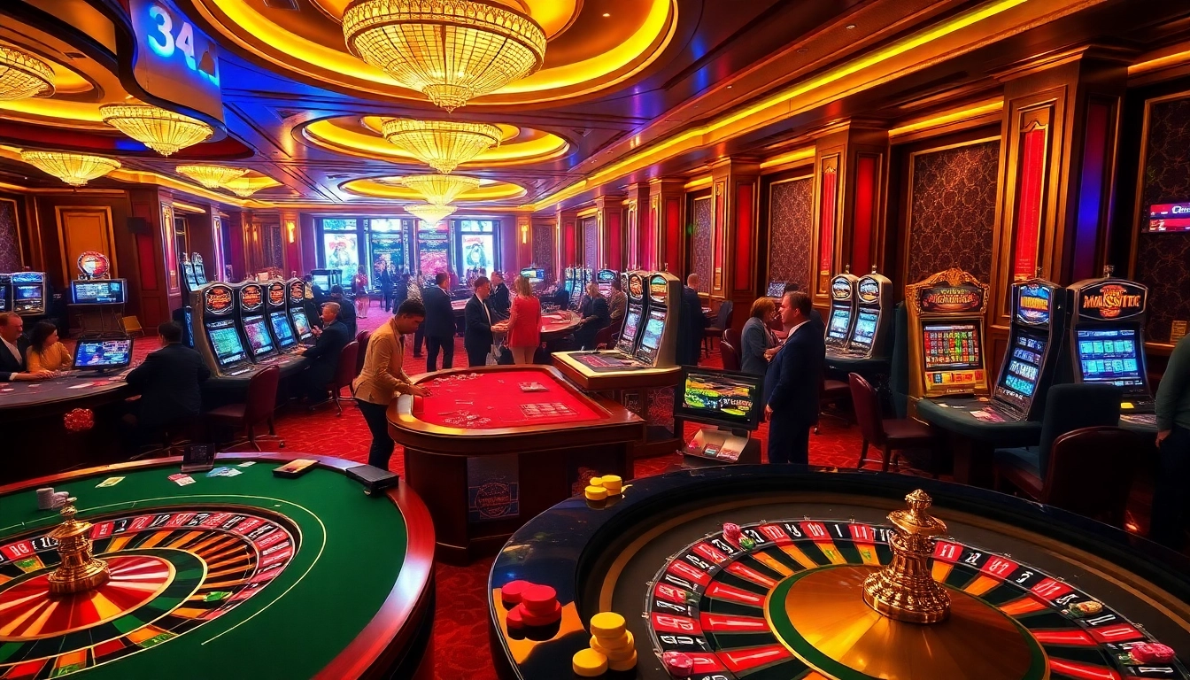 Players at 33BD enjoying a vibrant casino experience with poker tables and roulette wheels.
