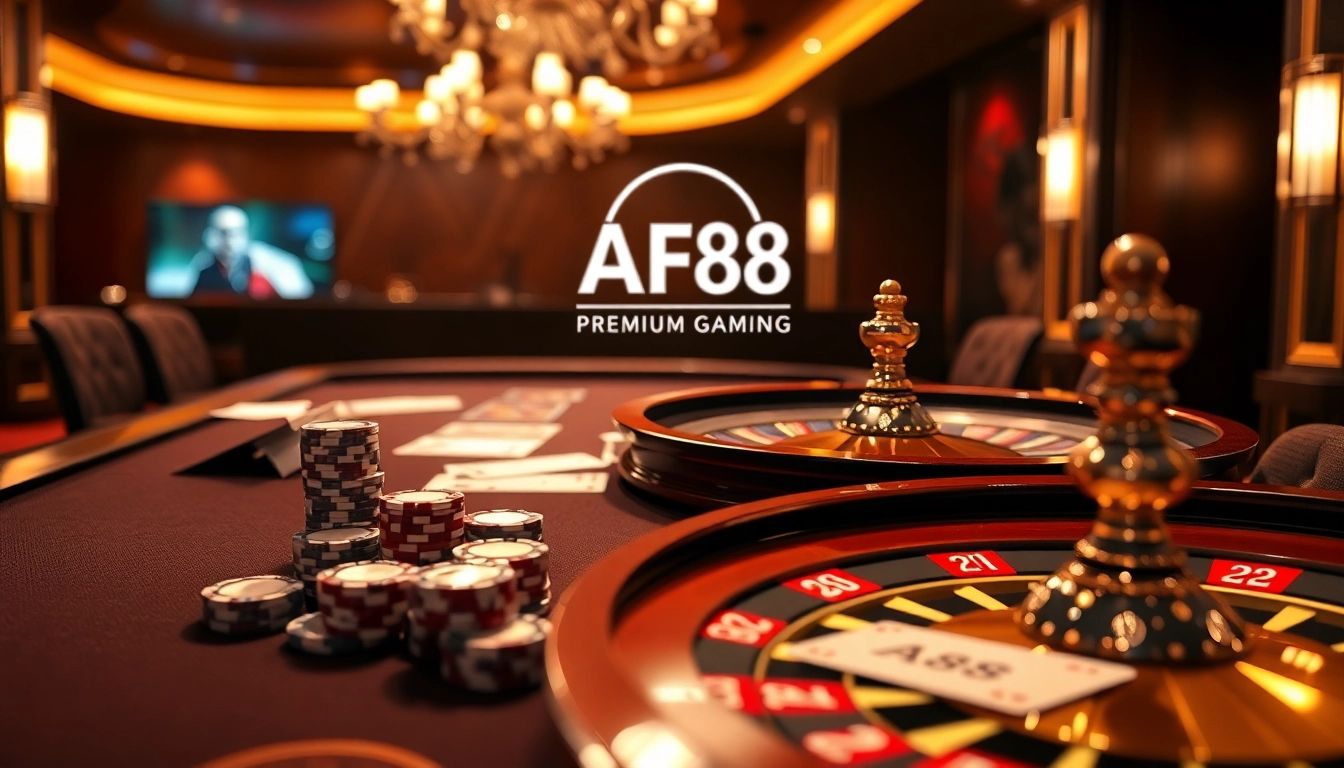 AF88-themed casino table game featuring poker chips and cards in a luxurious casino setting.