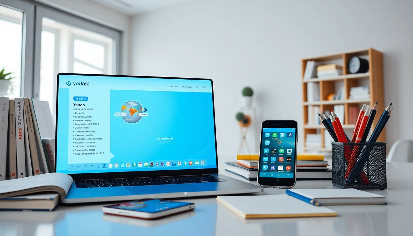 Youdao翻译 interface in a modern workspace with advanced technology and language learning tools.
