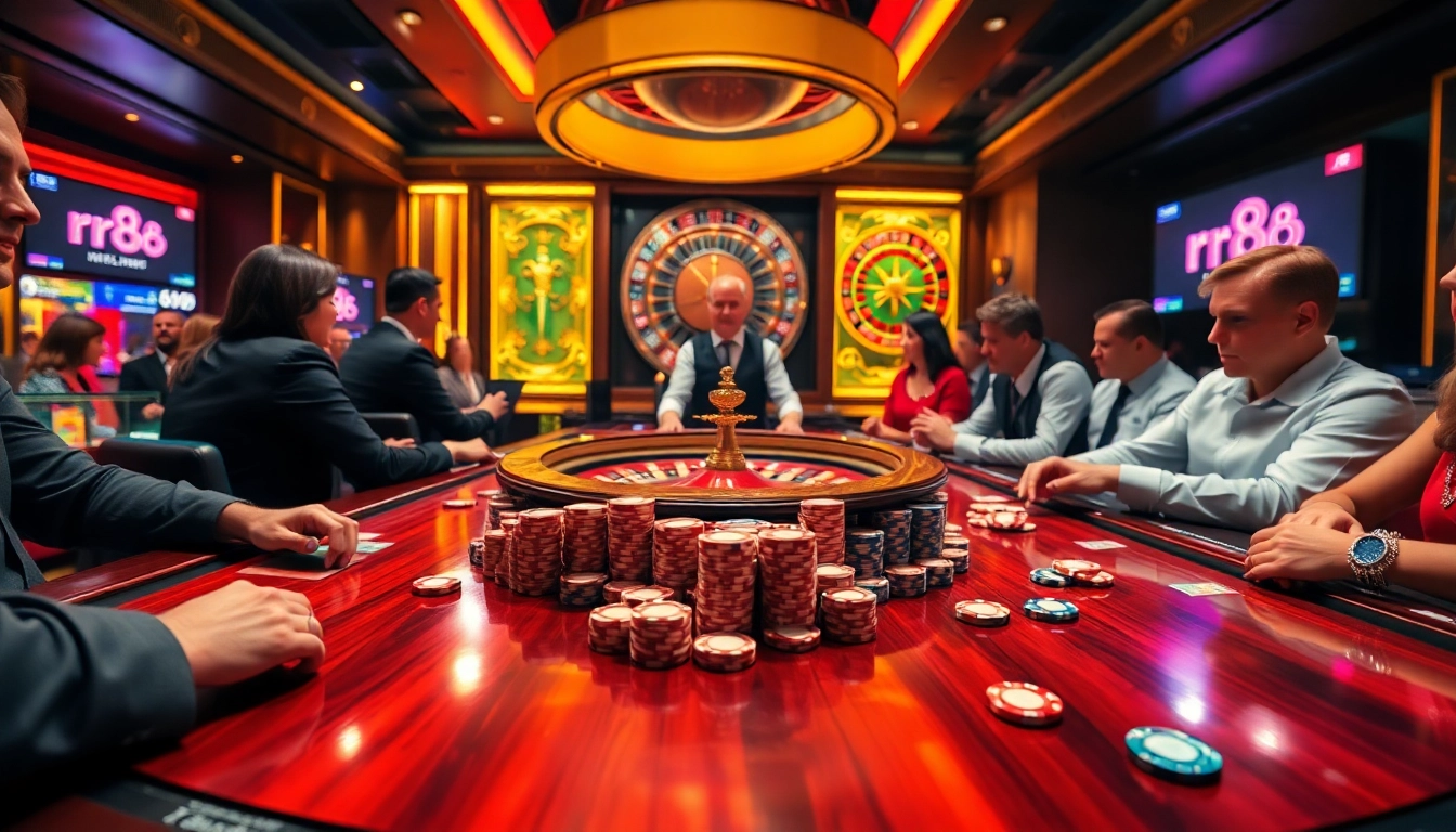 Players engaged in thrilling poker action at rr88 casino, showcasing vibrant chips and a live dealer.