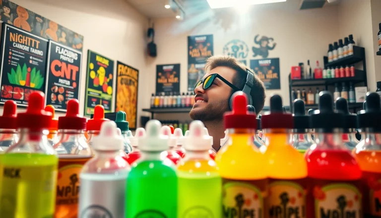 Engaging display of vape & e-liquids with colorful bottles in a vibrant shop.