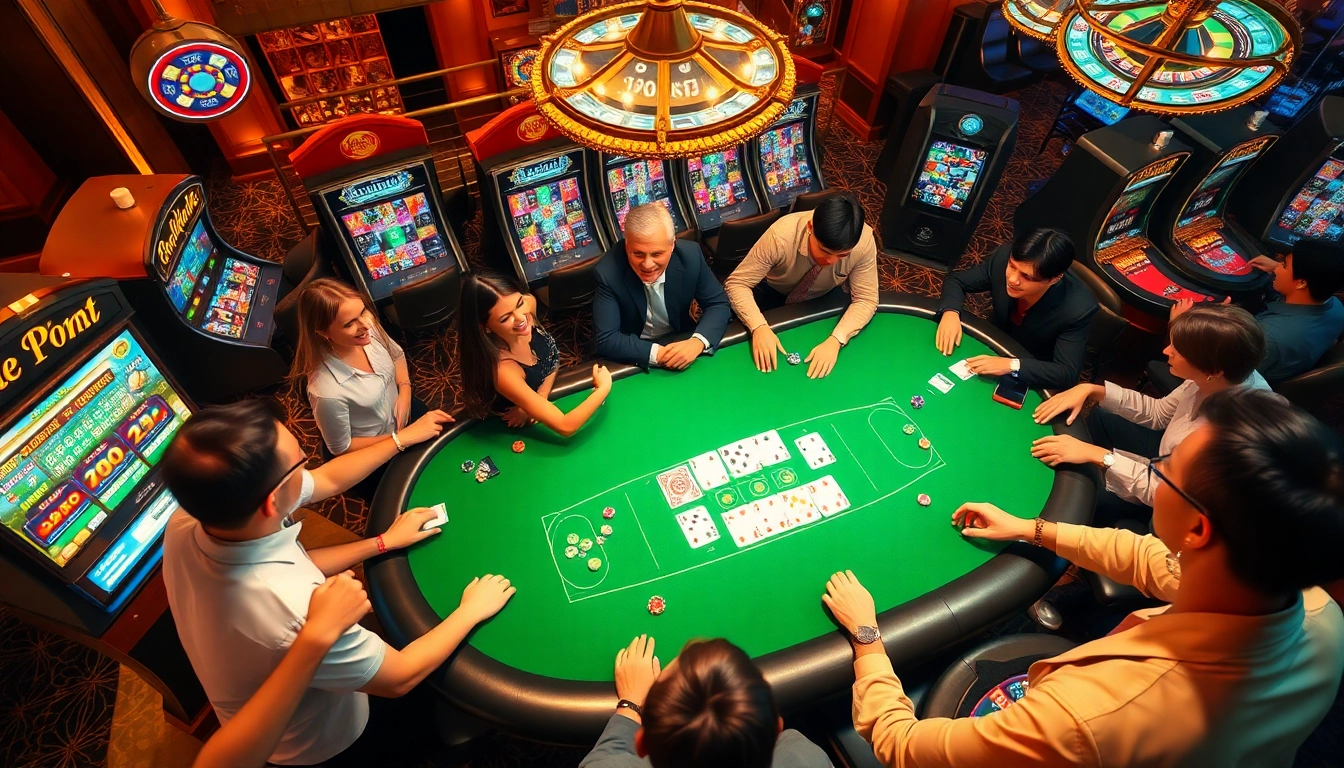 Experience gaming at SuperPH with vibrant casino tables and joyous players engaging in thrilling card games.