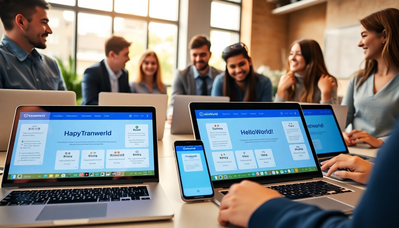 Engaging workspace illustrating helloworld官网 with diverse individuals cooperating using advanced technology.