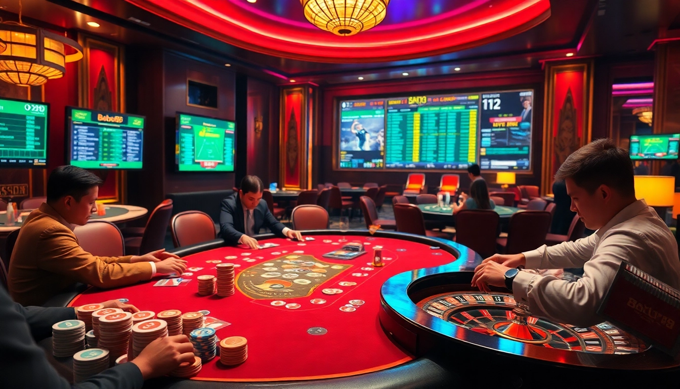 Experience vibrant gameplay at Babu88 with poker chips and roulette wheels in an upscale casino.