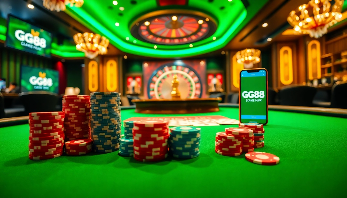 Experience the excitement of GG88 with poker chips and a roulette wheel, showcasing luxury gambling.
