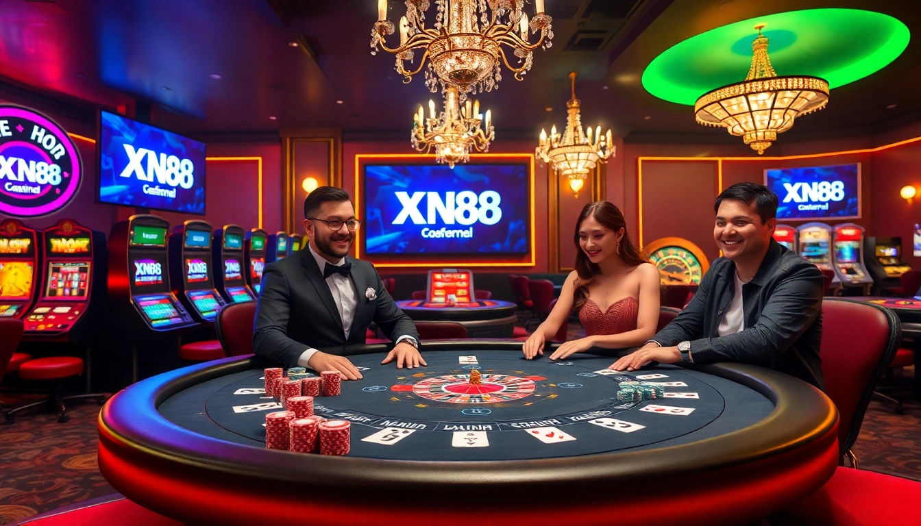 Experience the excitement of XN88 with gamblers immersed in a high-stakes casino atmosphere.