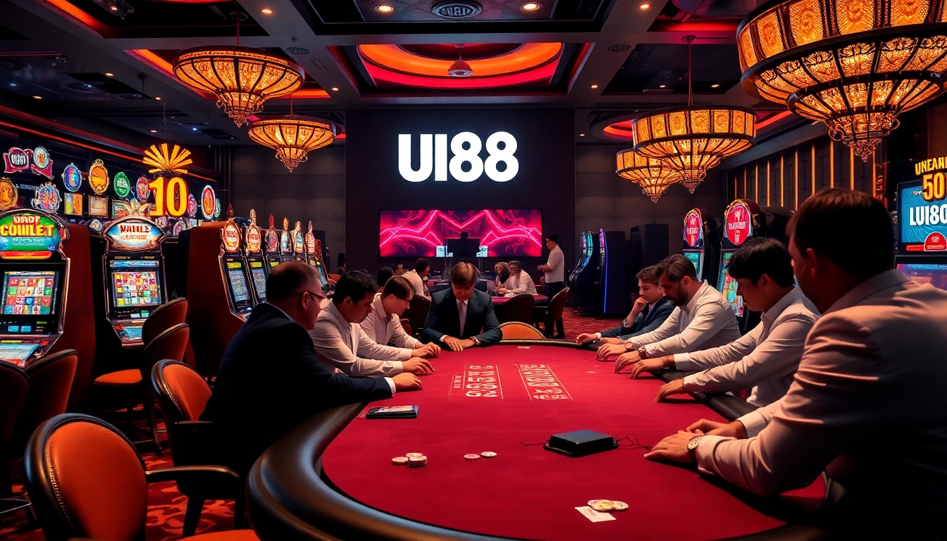Experience the thrill at UU88 as players engage in high-stakes poker, surrounded by exciting casino elements.