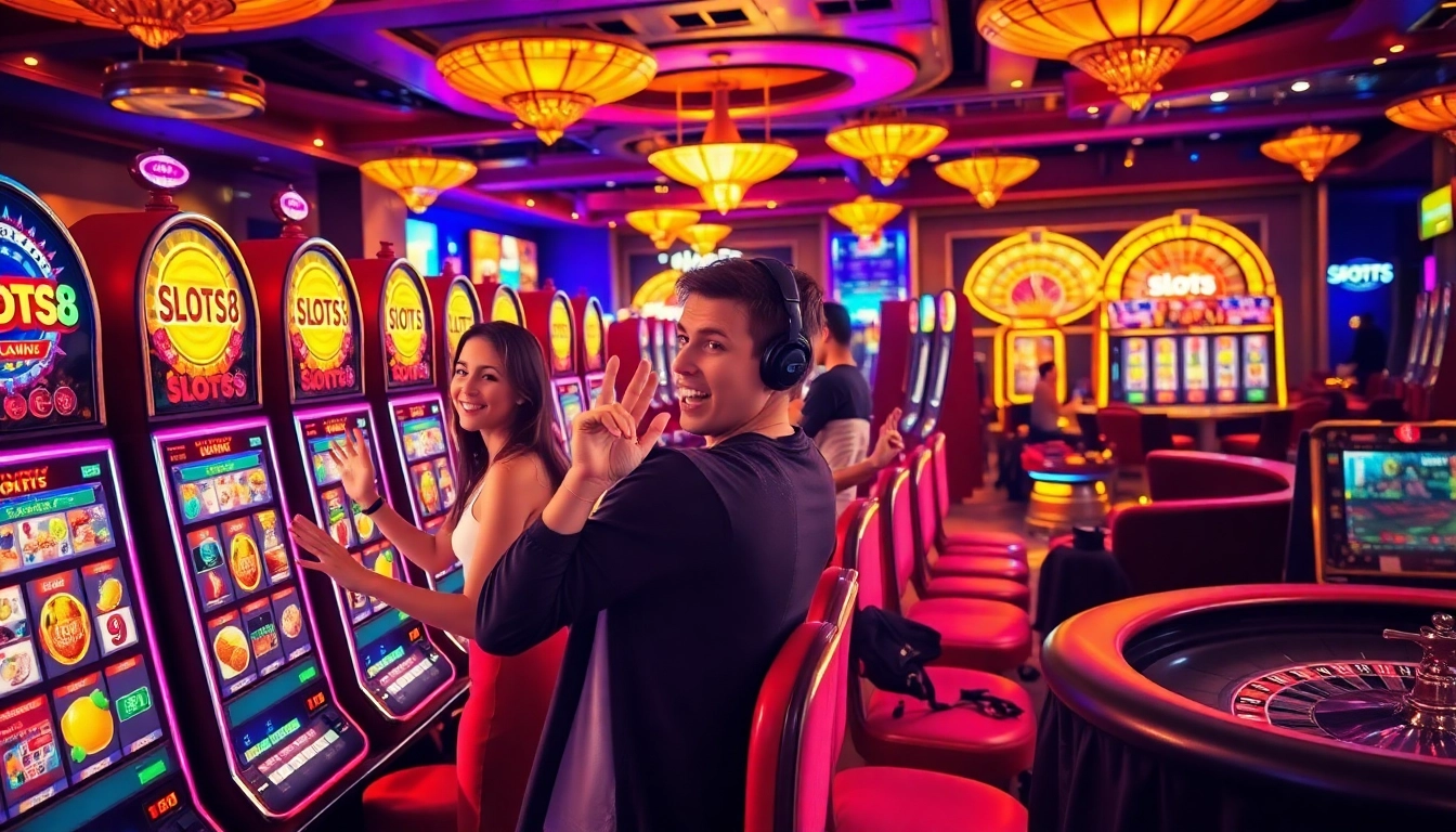 SLOTS8 slots machines attracting enthusiastic players on a vibrant casino floor