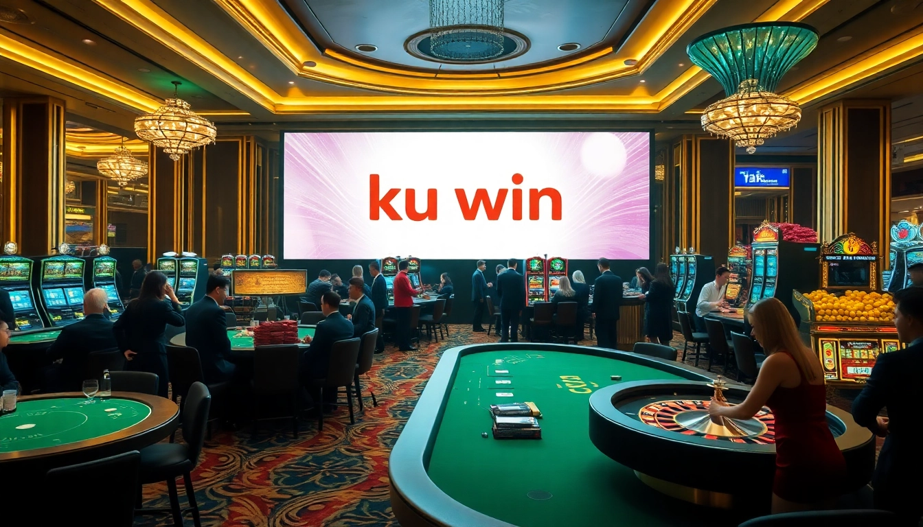 Kuwin players celebrate wins at a vibrant casino filled with poker and roulette tables.