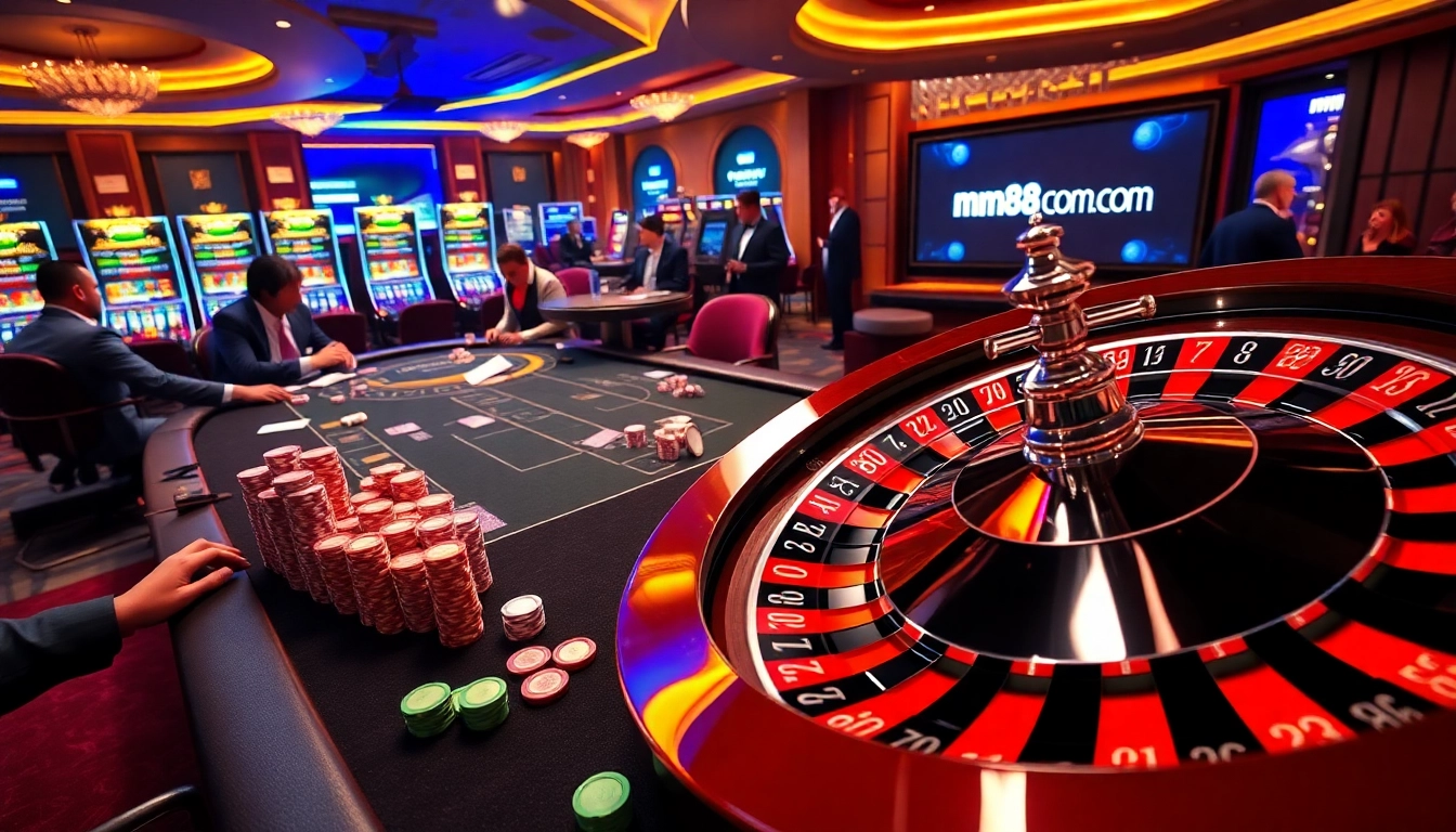 Join in the thrilling action at mm88 com’s luxurious casino tables, showcasing poker and roulette excitement.