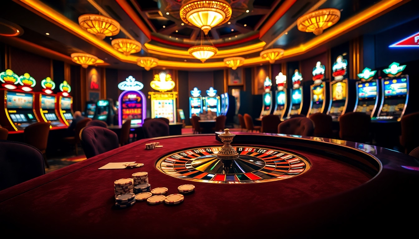 KJC casino players enjoying a vibrant roulette wheel and poker game in a luxurious setting.