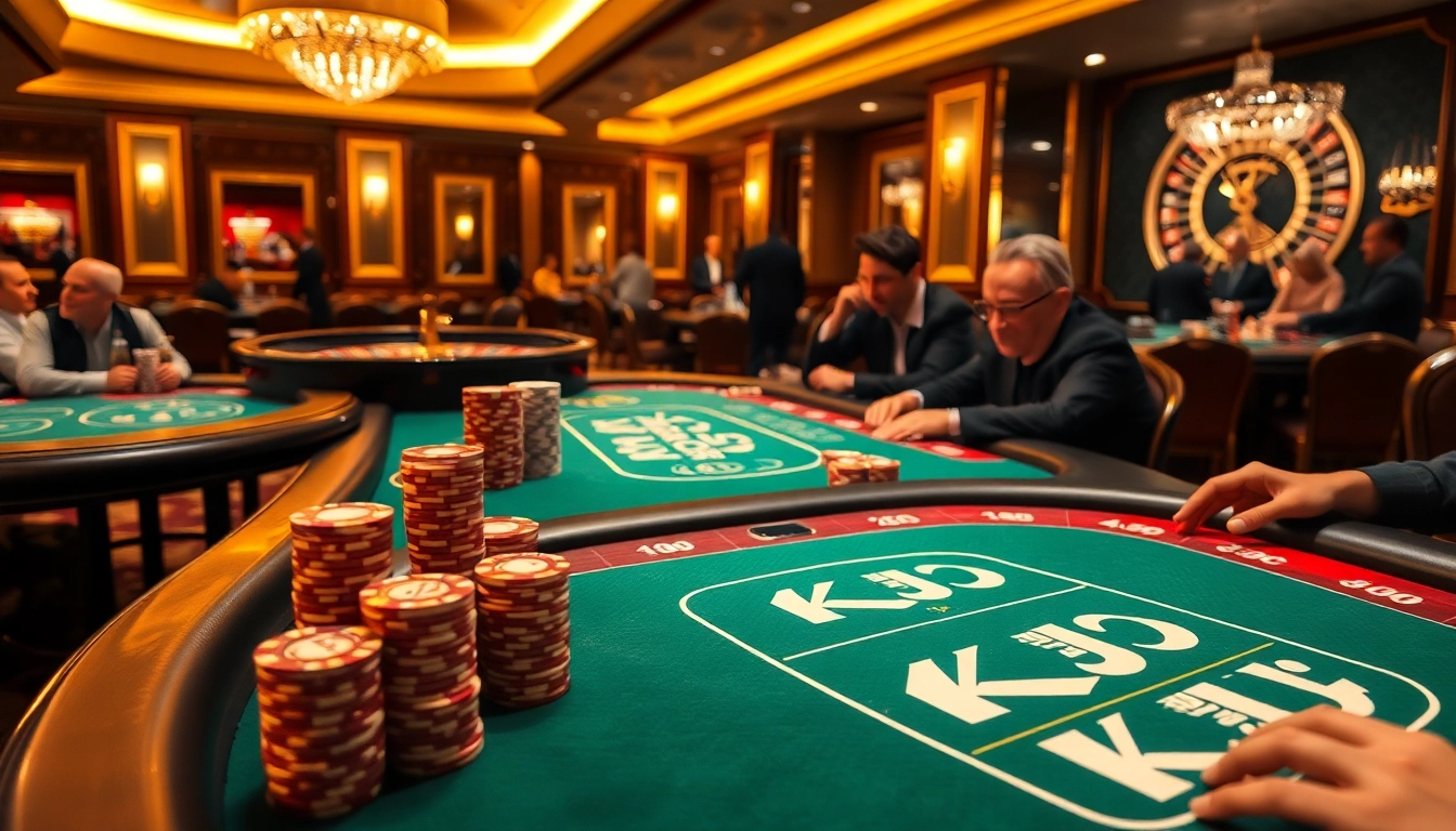 KJC branding highlighted on luxurious poker tables surrounded by excited players in a vibrant casino atmosphere.