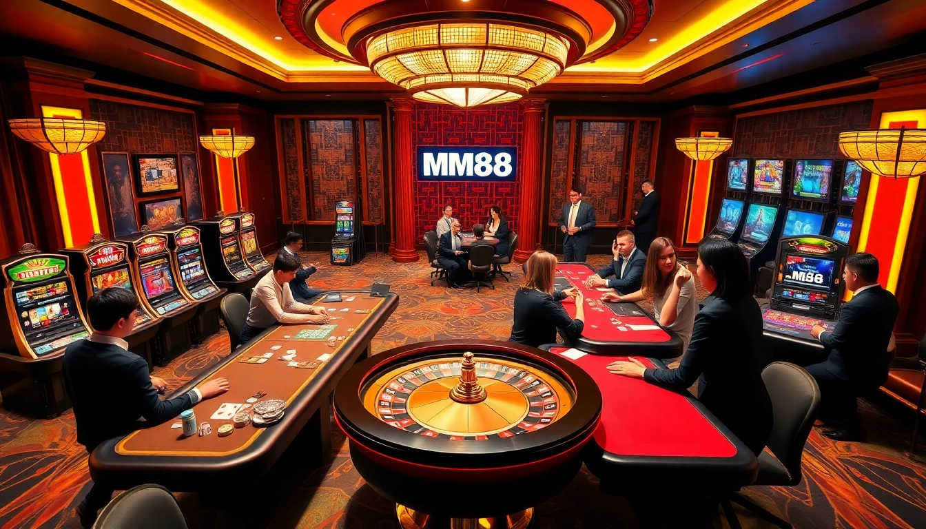 Excited gamblers enjoying games at MM88 casino, showcasing poker, slots, and roulette.