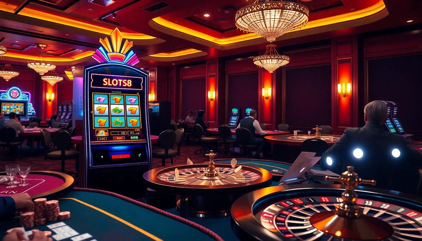 Spin the SLOTS8 slot machine surrounded by thrilling casino action and excitement.