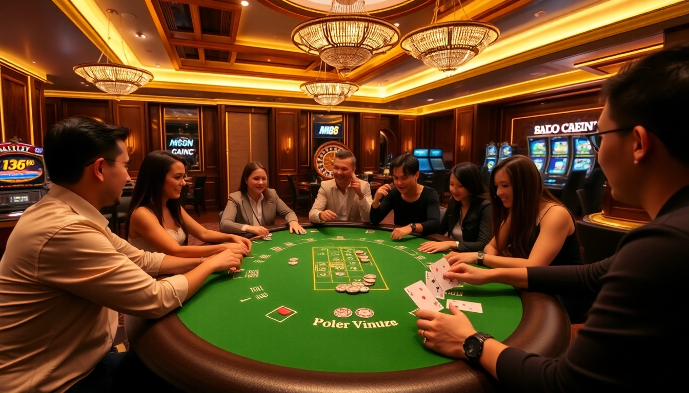 Experience high-stakes poker at MM88, featuring vibrant chips and excited players.