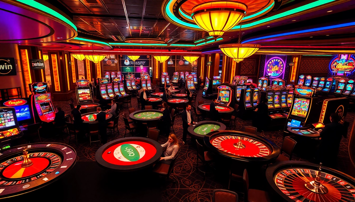 Players excitedly gamble at tables featuring cwin branding in a luxurious casino setting.