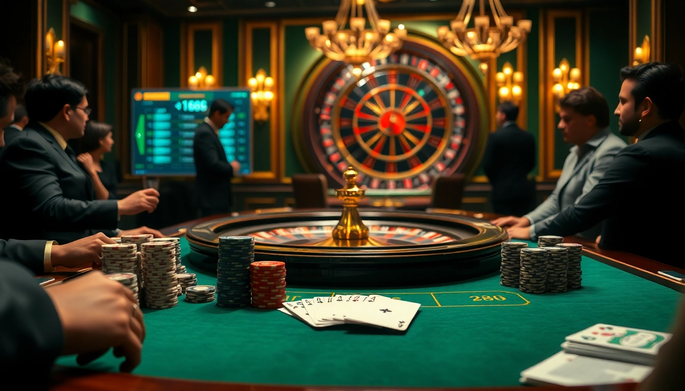 Players enjoying a vibrant game at LC88 casino, featuring poker chips and a lively atmosphere.