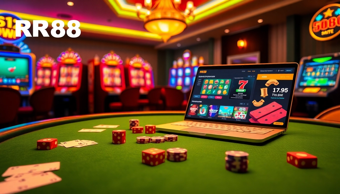 Experience RR88 online gambling with luxury tables, vibrant poker chips, and an engaging digital interface.