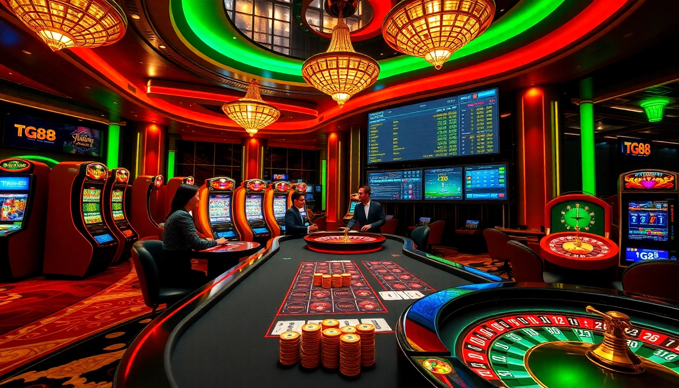 Exciting casino gaming scene at tg88 with vibrant tables, dealers, and slot machines.
