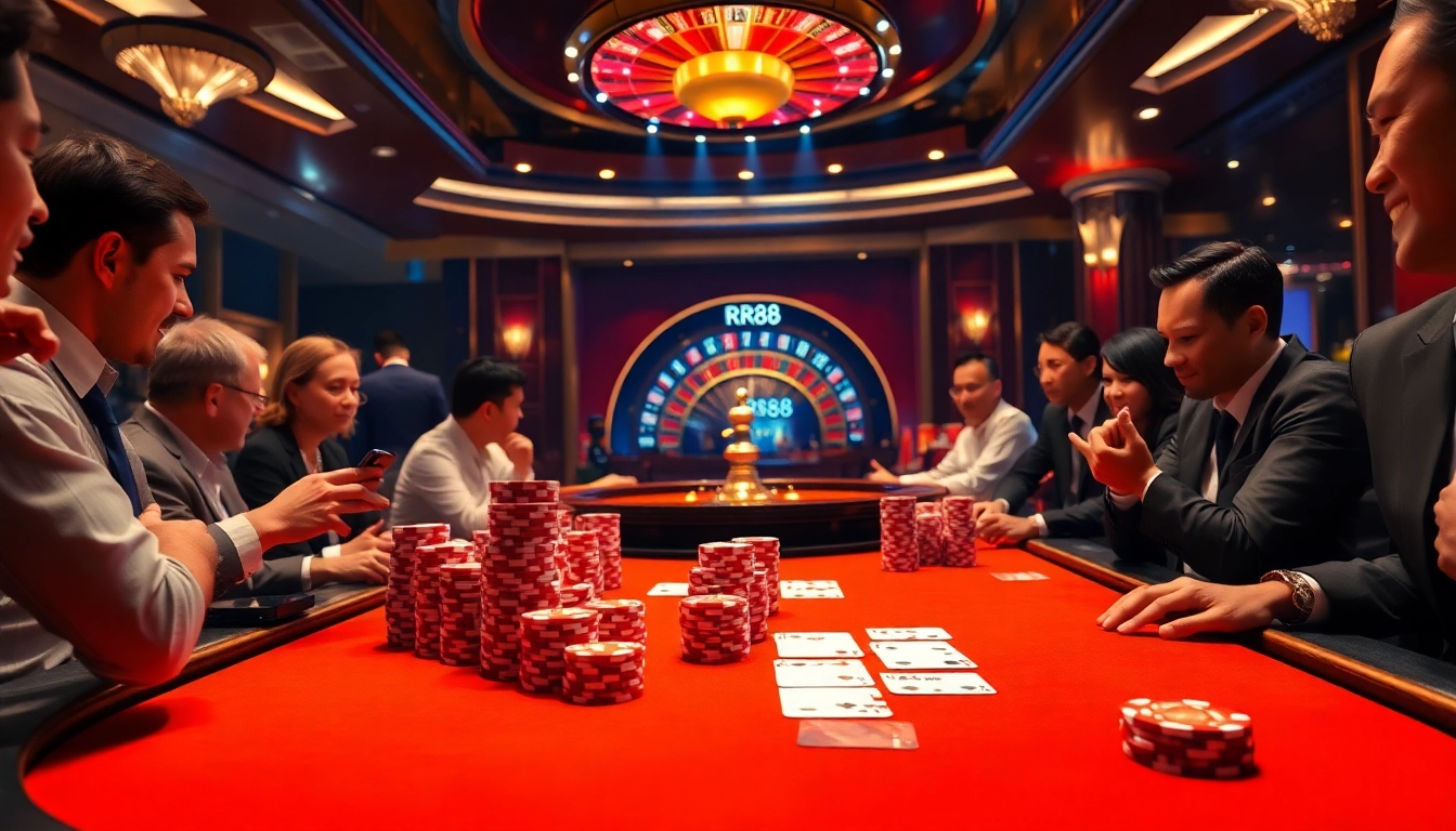 Players enjoy a thrilling poker game at the RR88 casino table with vibrant chips and cards.