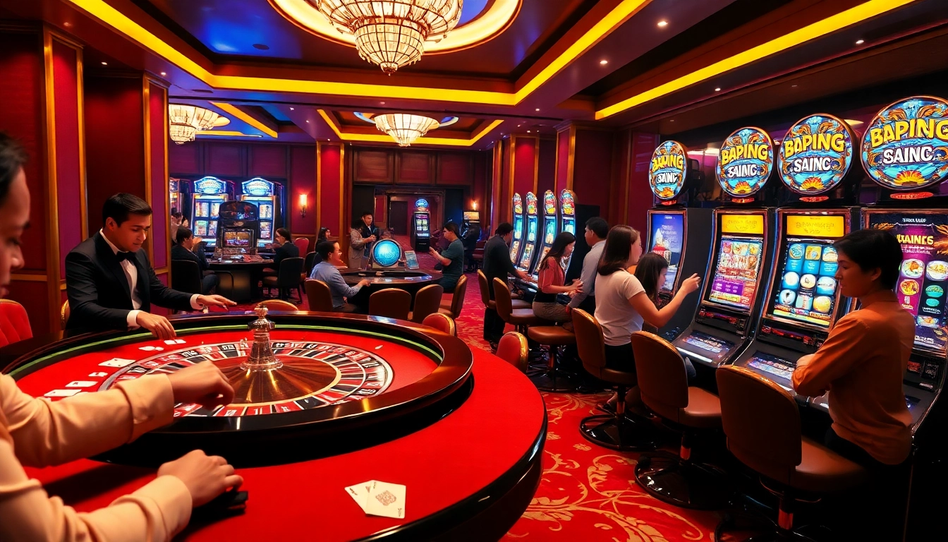 Experience gambling excitement at https://new88c.co/ with players at a roulette table and slot machines.