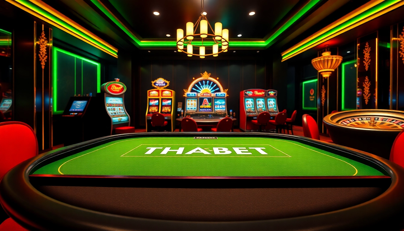 Players engaging with THABET's luxurious casino tables, featuring poker chips and slot machines.