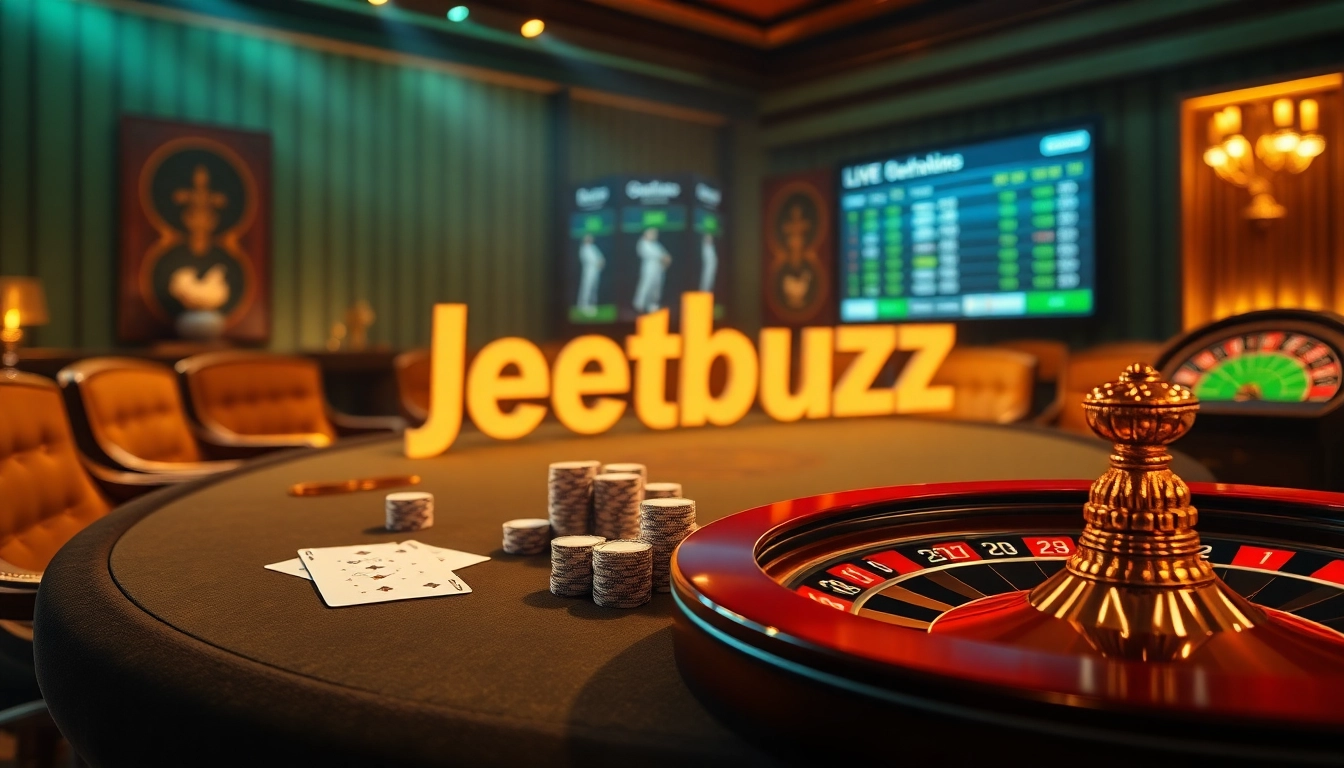 Experience the excitement of gambling with Jeetbuzz at a luxury casino table featuring cards, chips, and a roulette wheel.