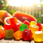 Indulge in flavorful Weed Gummies arranged on a wooden table with vibrant fruits.