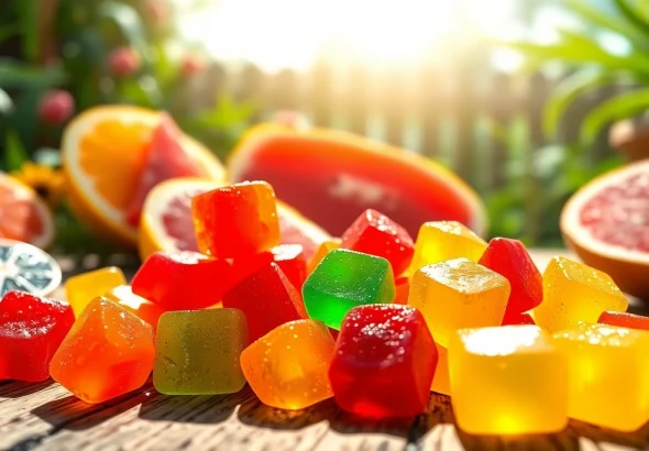 Indulge in flavorful Weed Gummies arranged on a wooden table with vibrant fruits.