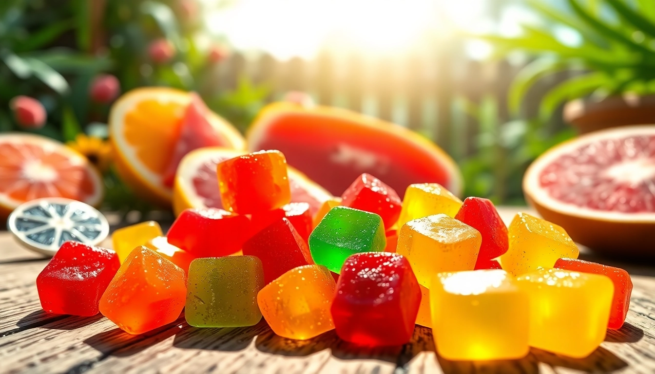 Indulge in flavorful Weed Gummies arranged on a wooden table with vibrant fruits.