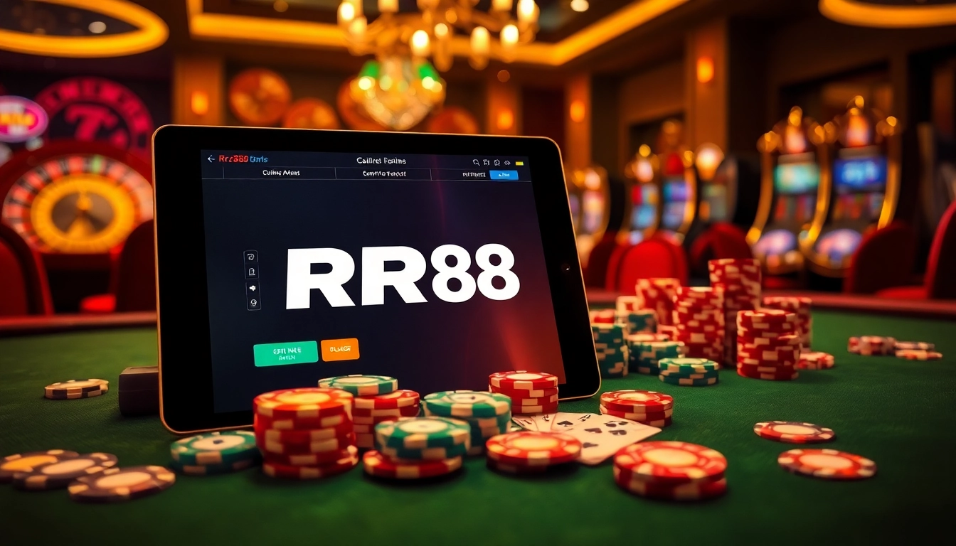 Experience the thrill of online gambling with RR88's vibrant casino scene featuring poker chips and a betting tablet.
