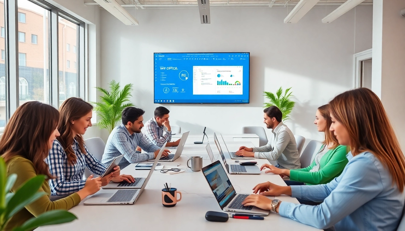 WPS官网下载 interface showcased in a modern office setting with diverse users collaborating efficiently.