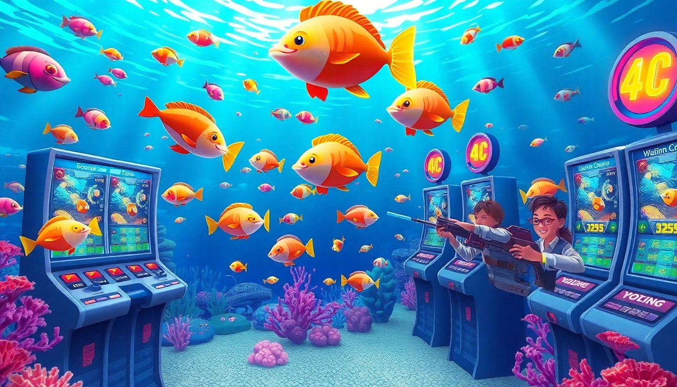 Bắn cá đổi thưởng game scene showcasing animated fish shooting action in a vibrant underwater casino environment.