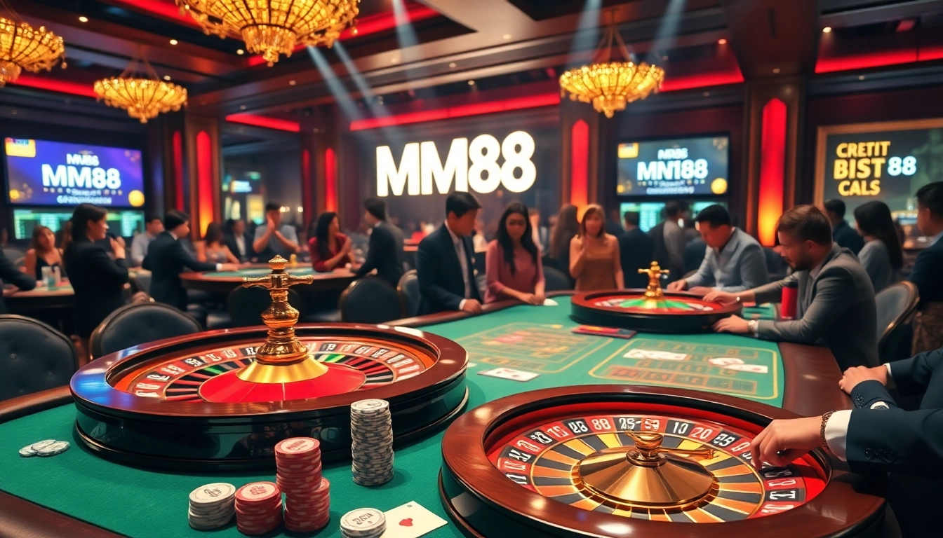 Experience thrilling gameplay at MM88's luxurious casino with poker chips and roulette.