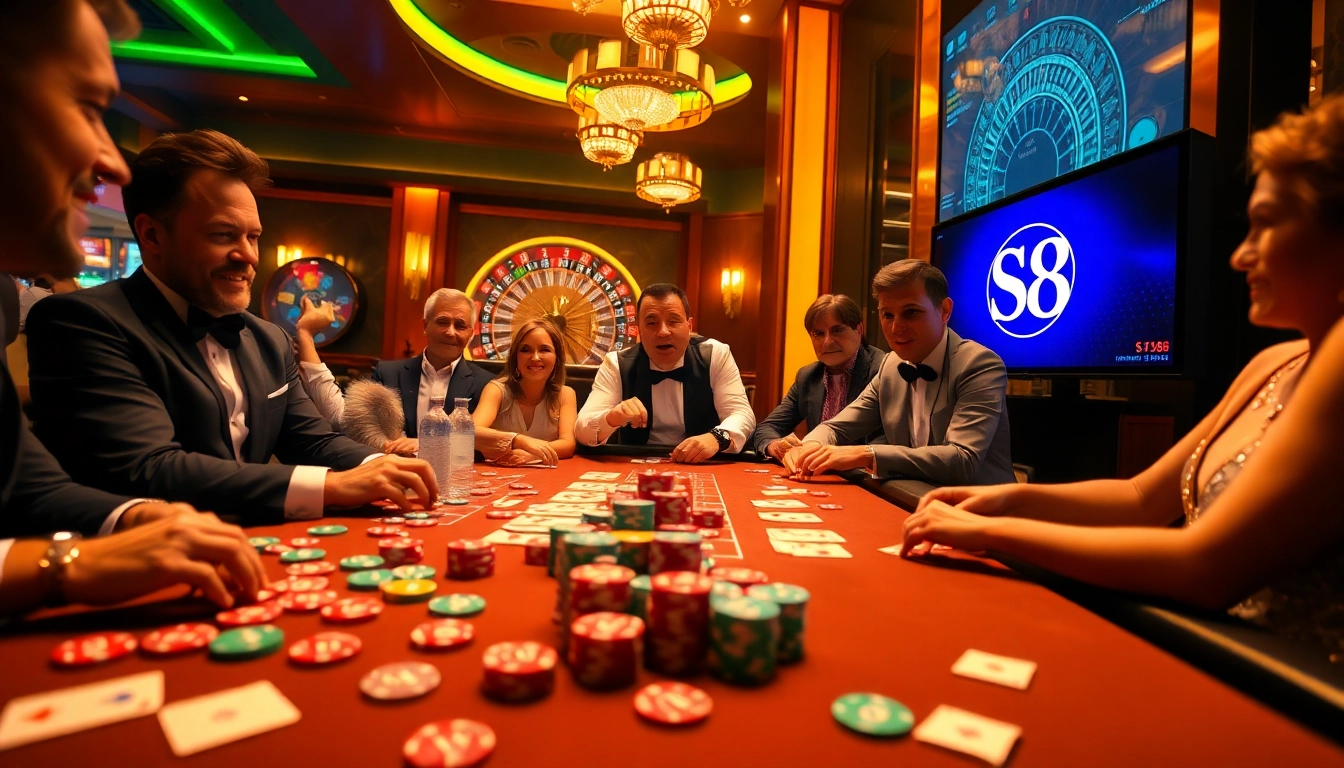 Engage in thrilling casino games with the S8 platform, showcasing vibrant poker chips and a roulette wheel.