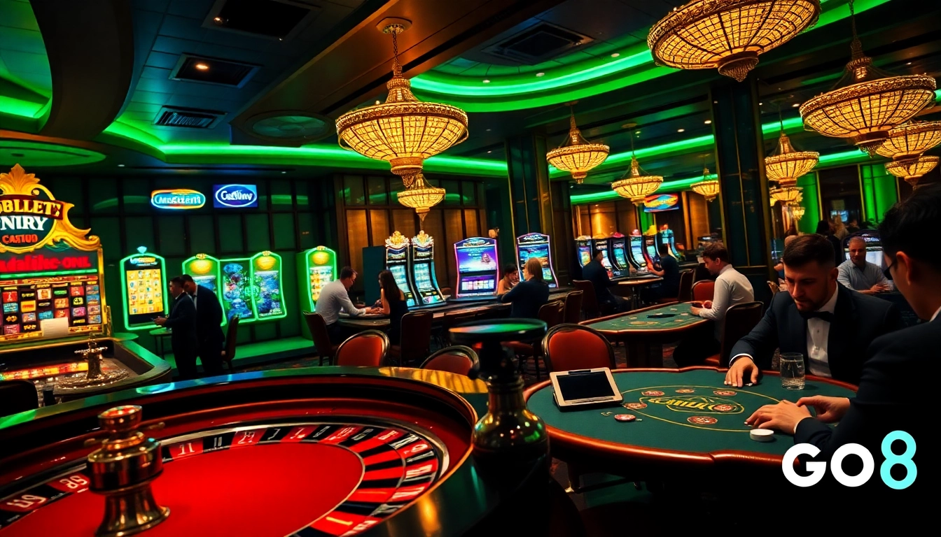Go8 casino experience with intense roulette action, vibrant lights, and engaged players.