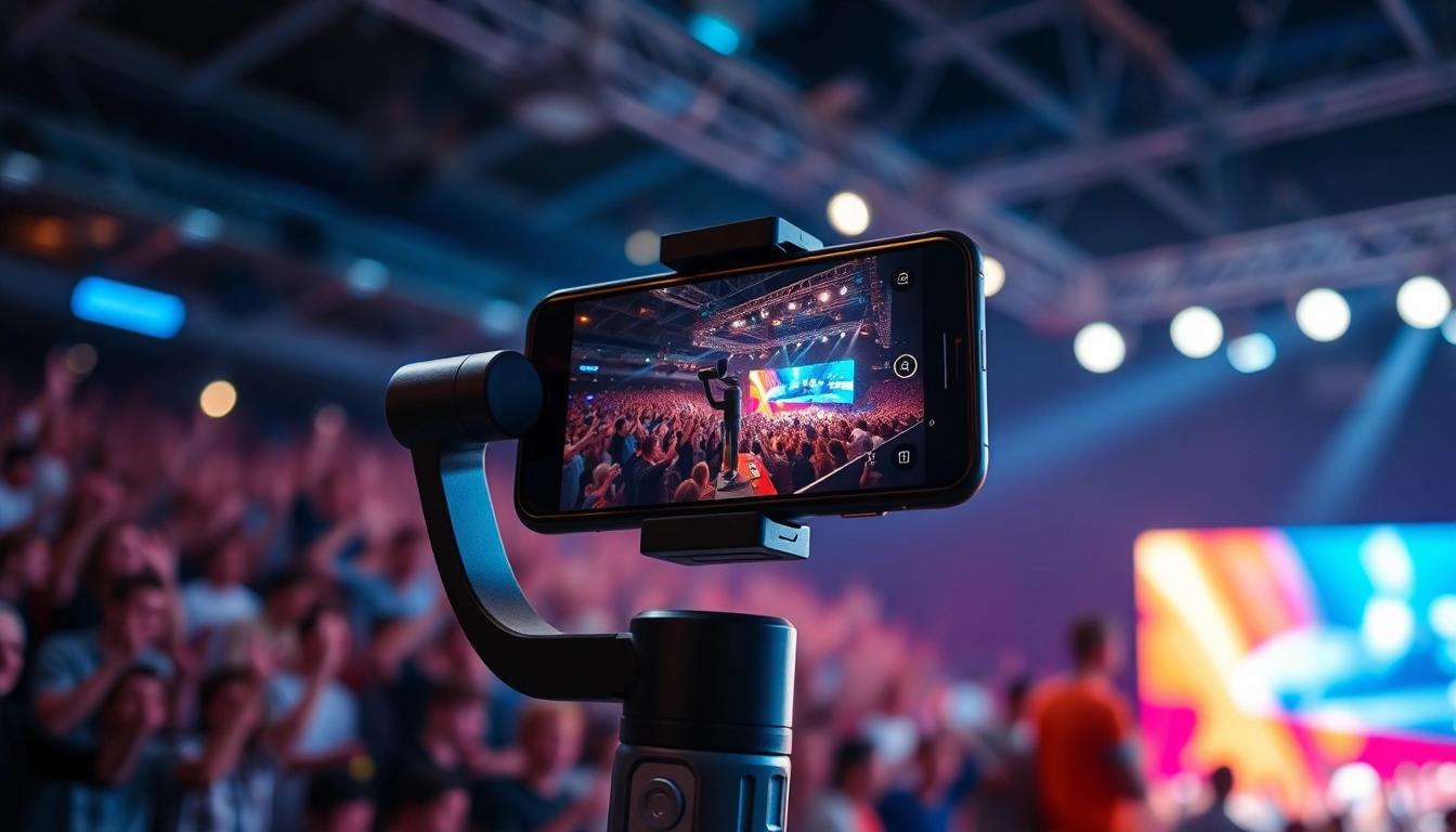 Phone gimbal stabilizing smartphone footage at an event.